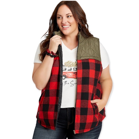 XS Red Buffalo Plaid Flannel Puffer Zip Up Vest - Picture 5 of 14